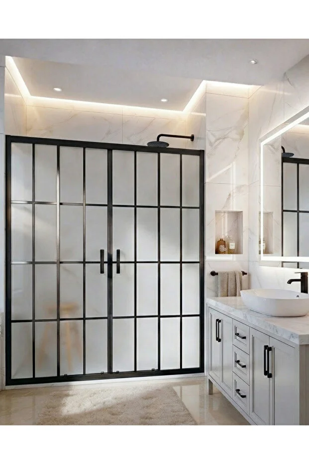 Ön Cephe Siyah Çizgi Karolaj Desenli Komple Buzlu Temperli Duşakabin